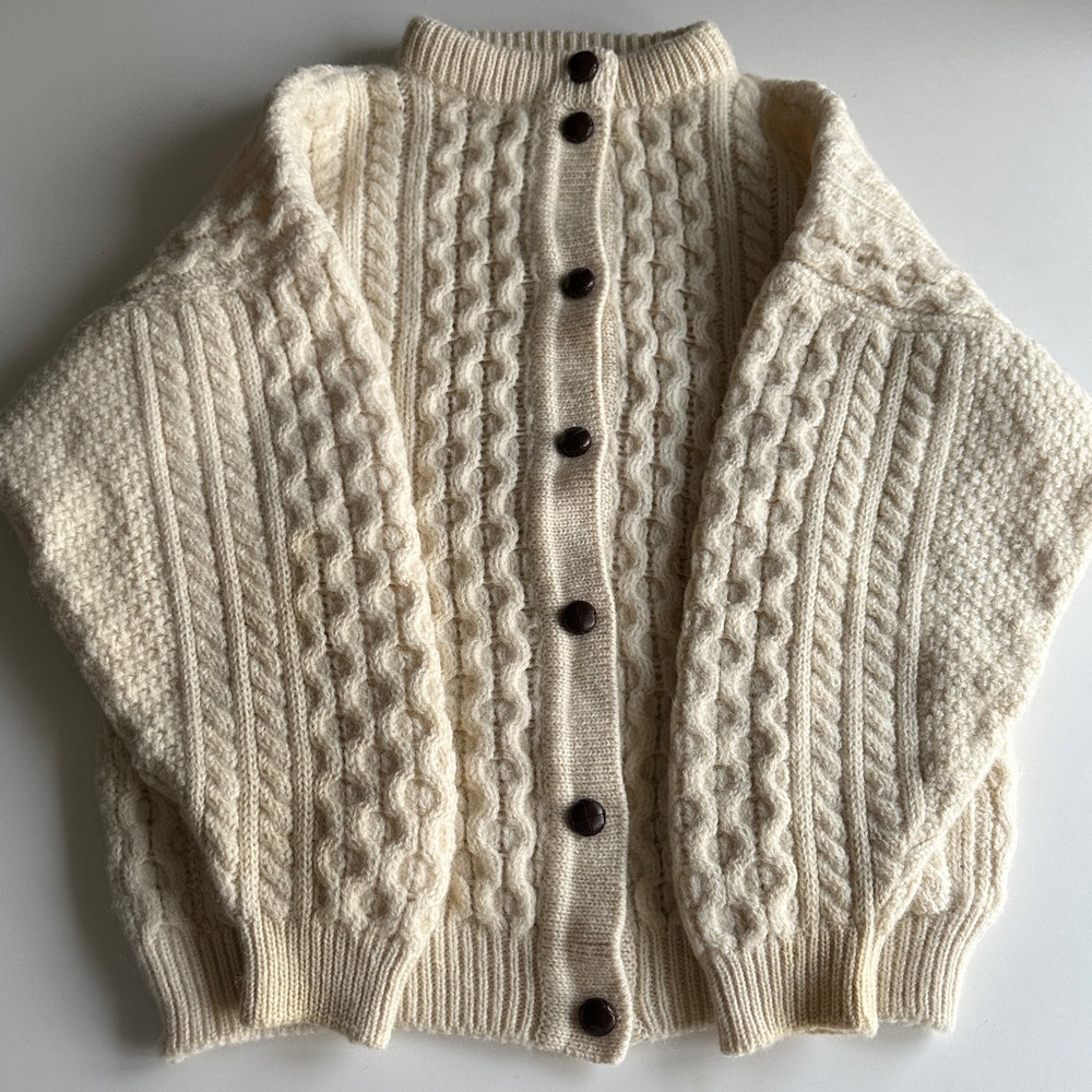 Vintage Aran Irish Fisherman Chunky Cable Knit Button-Up Cardigan - Picture 11 of 14